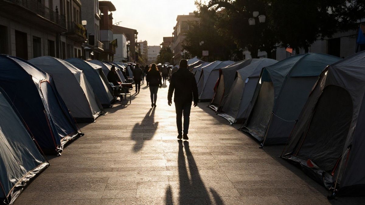 Imagen ilustrativa: tiendas de campaña en una plaza al atardecer con siluetas y sombras largas
