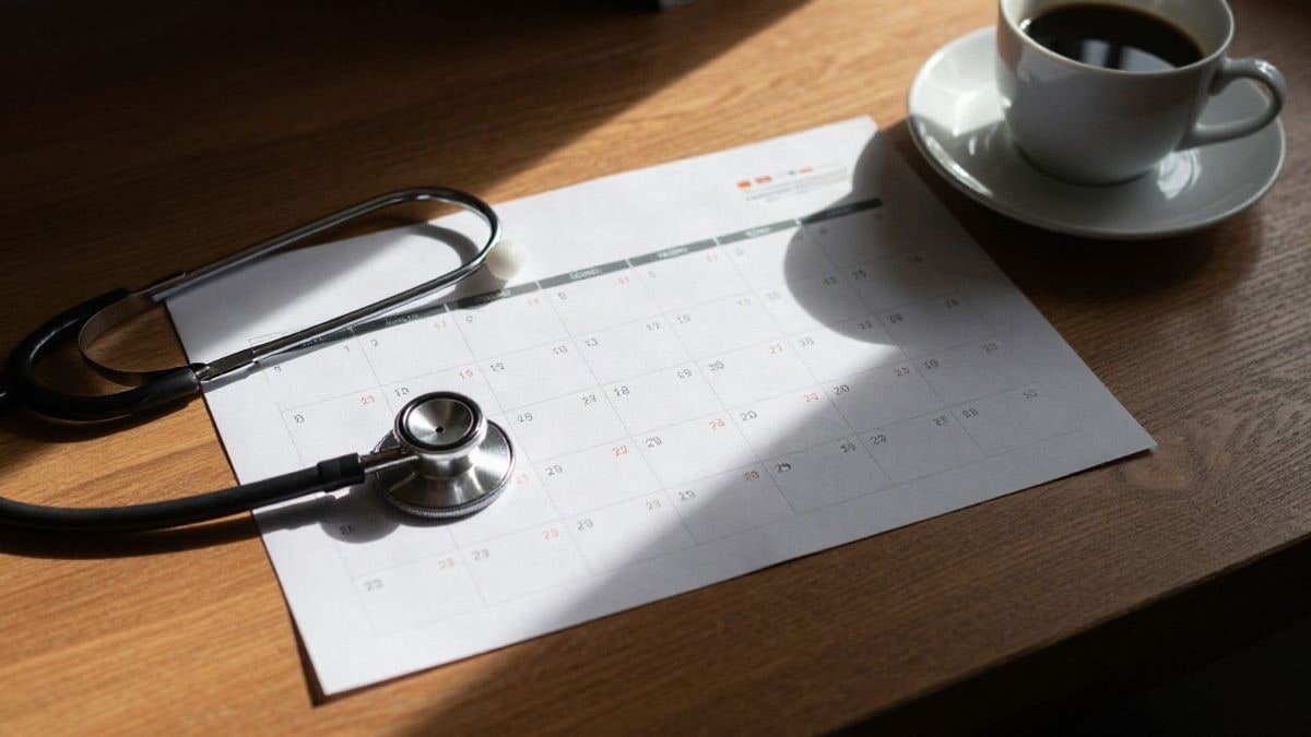 Imagen ilustrativa: mesa de madera vista desde arriba con un calendario de turnos, un estetoscopio y una taza de café