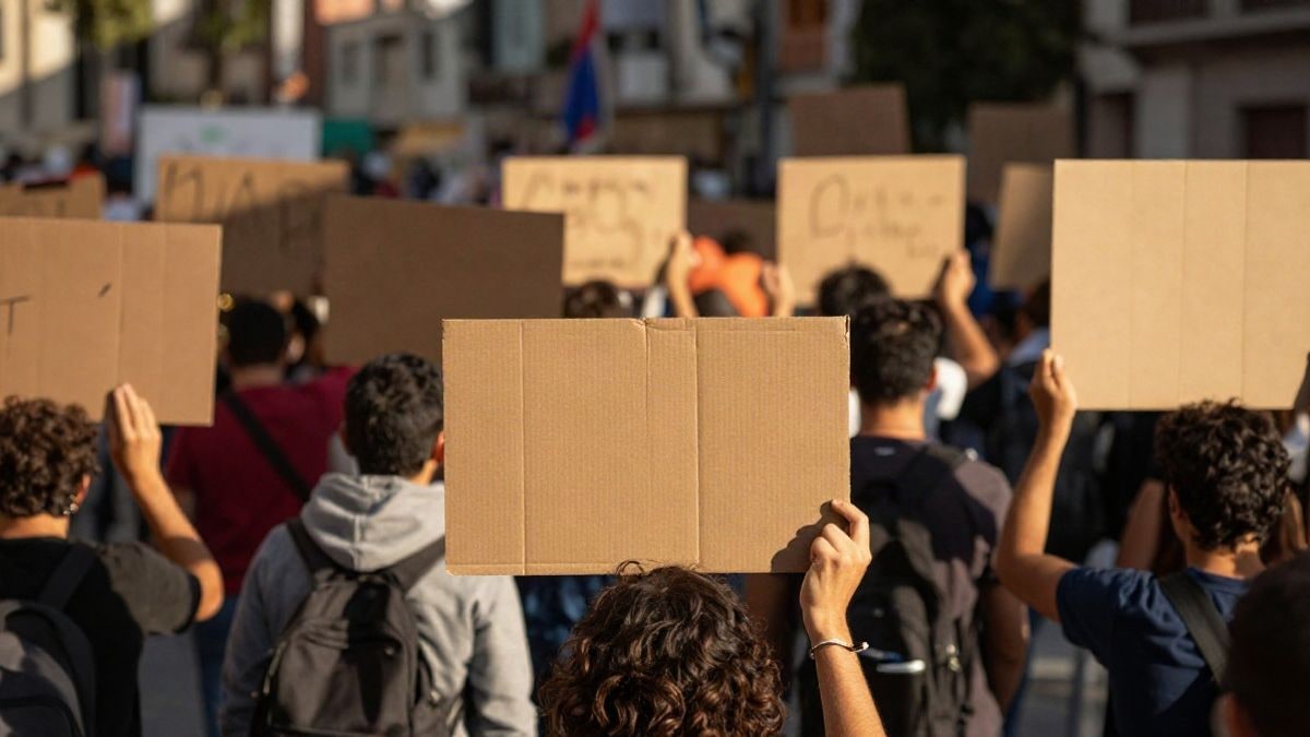 Imagen ilustrativa: vista cenital de una plaza pública llena de gente con camisetas verdes y carteles reivindicativos