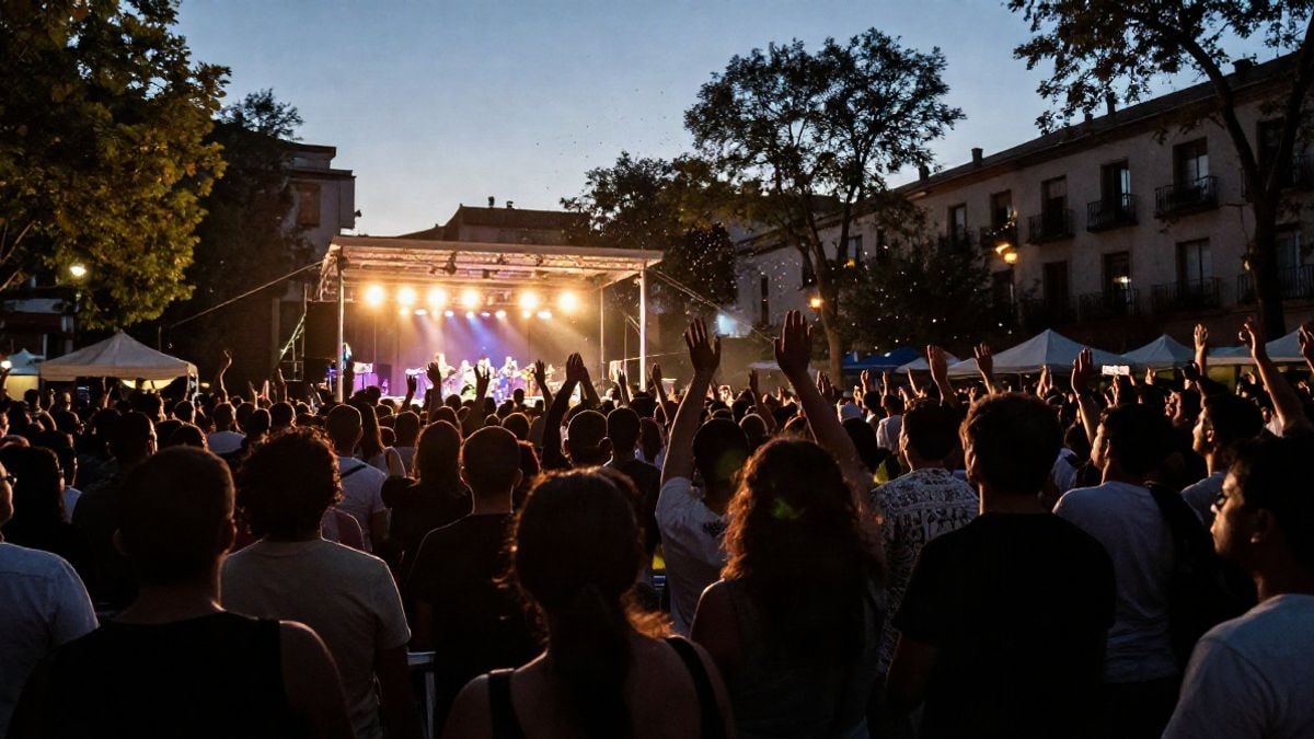 Imagen ilustrativa: un concierto al aire libre en un parque al atardecer, con siluetas del público y luces de escenario