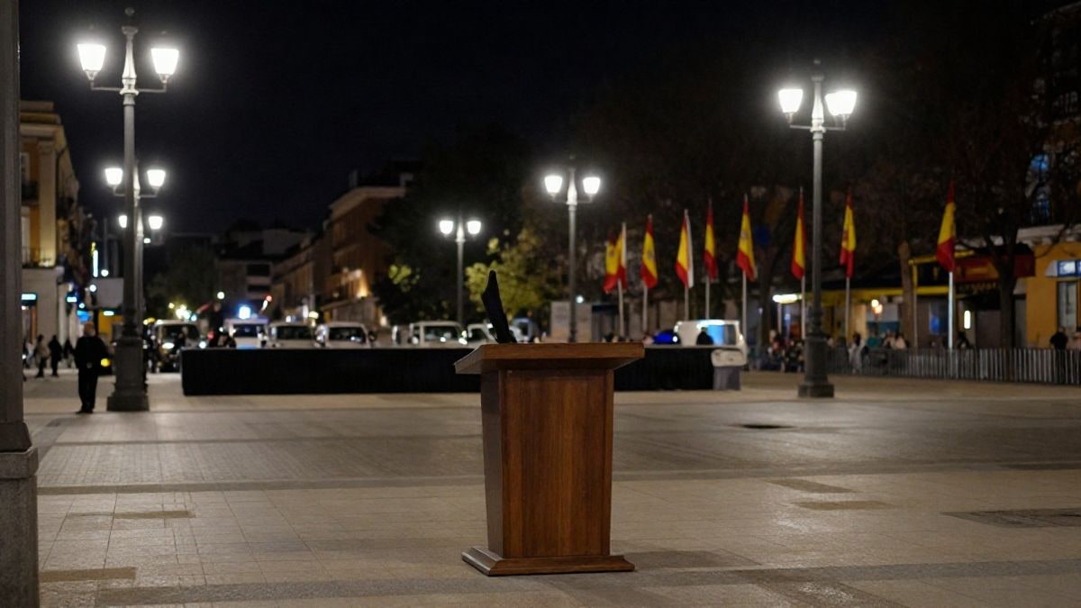 Imagen ilustrativa: plaza pública nocturna con iluminación artificial y un atril vacío en un evento institucional