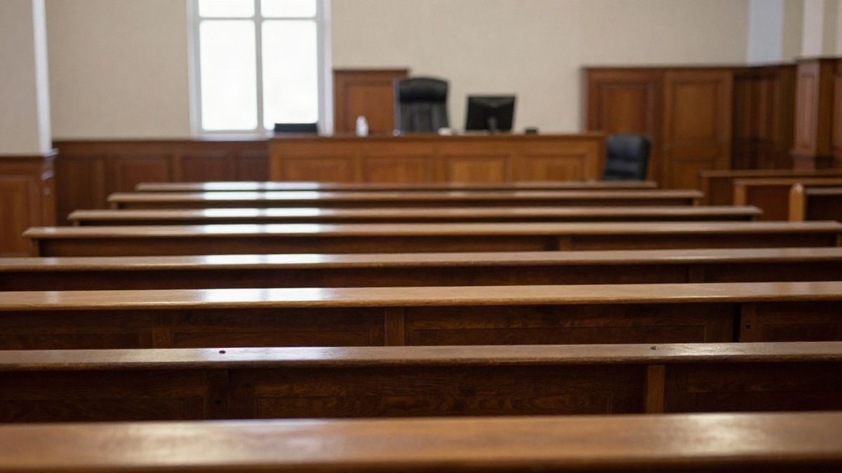 Imagen ilustrativa: sala de un tribunal vacía con bancos de madera y luz natural entrando por los ventanales