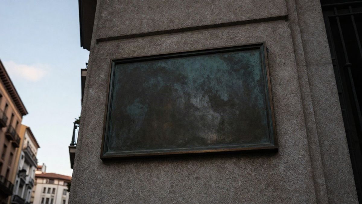 Imagen ilustrativa: una placa metálica vacía en la fachada de piedra de un edificio histórico, vista desde abajo contra el cielo