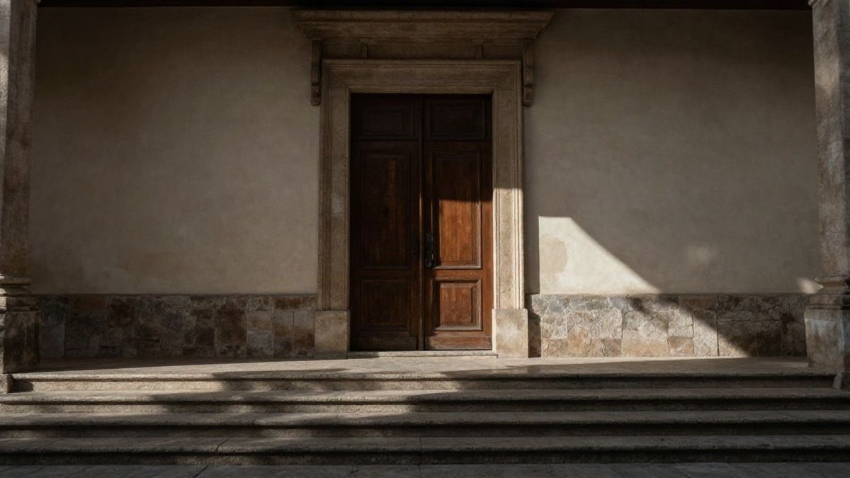 Imagen ilustrativa: fachada de un edificio histórico con puerta de madera, iluminada por luz natural dramática.
