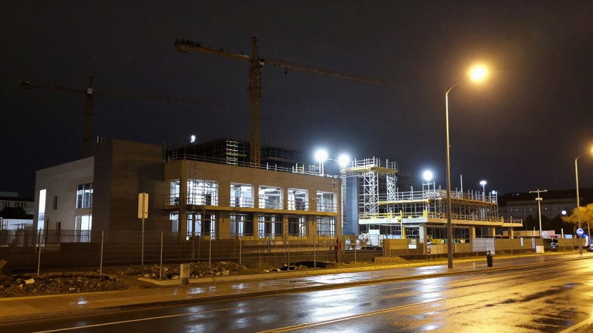 Imagen ilustrativa: un edificio en obras iluminado por focos nocturnos en una calle urbana