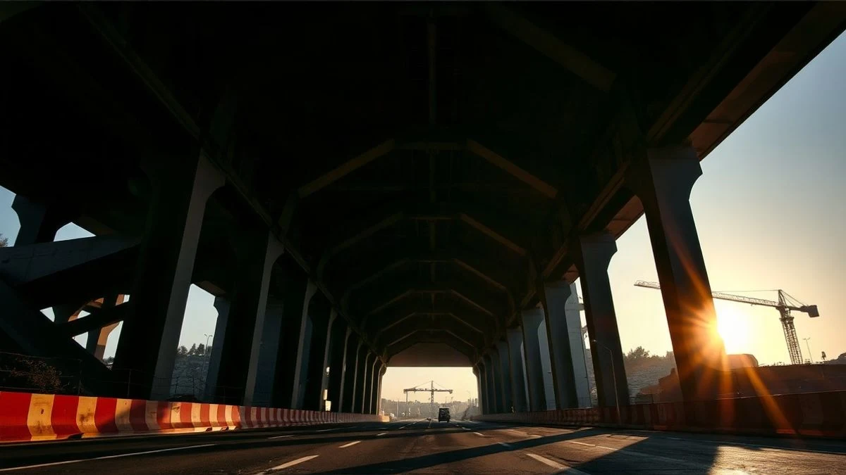 Imagen ilustrativa: boca de un túnel en obras con vigas de hormigón y una grúa al atardecer.