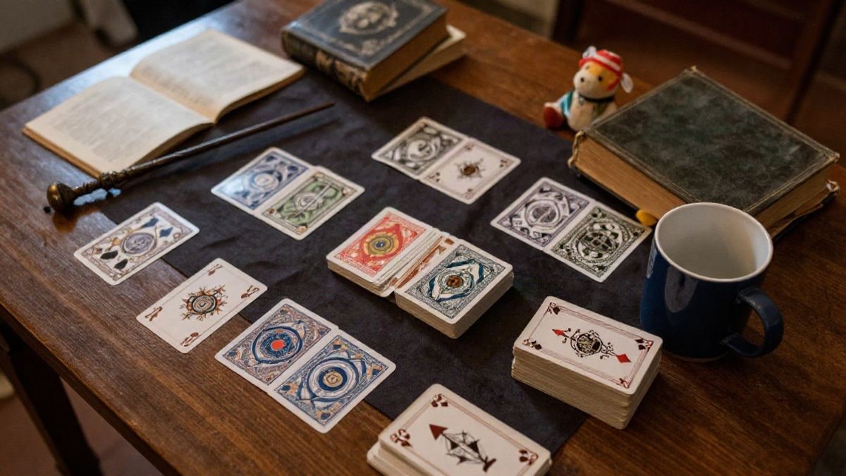 Imagen ilustrativa: vista cenital de una mesa con objetos de temática mágica como una varita, libros y cartas