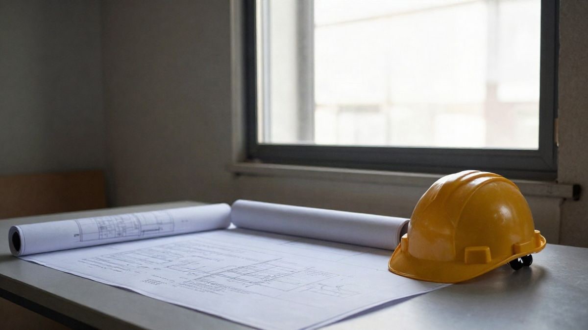 Imagen ilustrativa: interior de una oficina de obra con planos y un casco de construcción sobre una mesa, iluminado por luz lateral