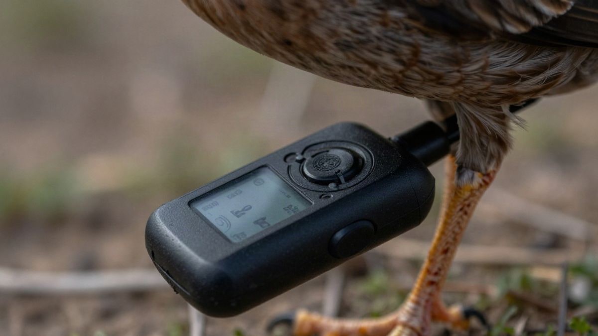 Imagen ilustrativa: primer plano de un emisor GPS colocado en la pata de un ave
