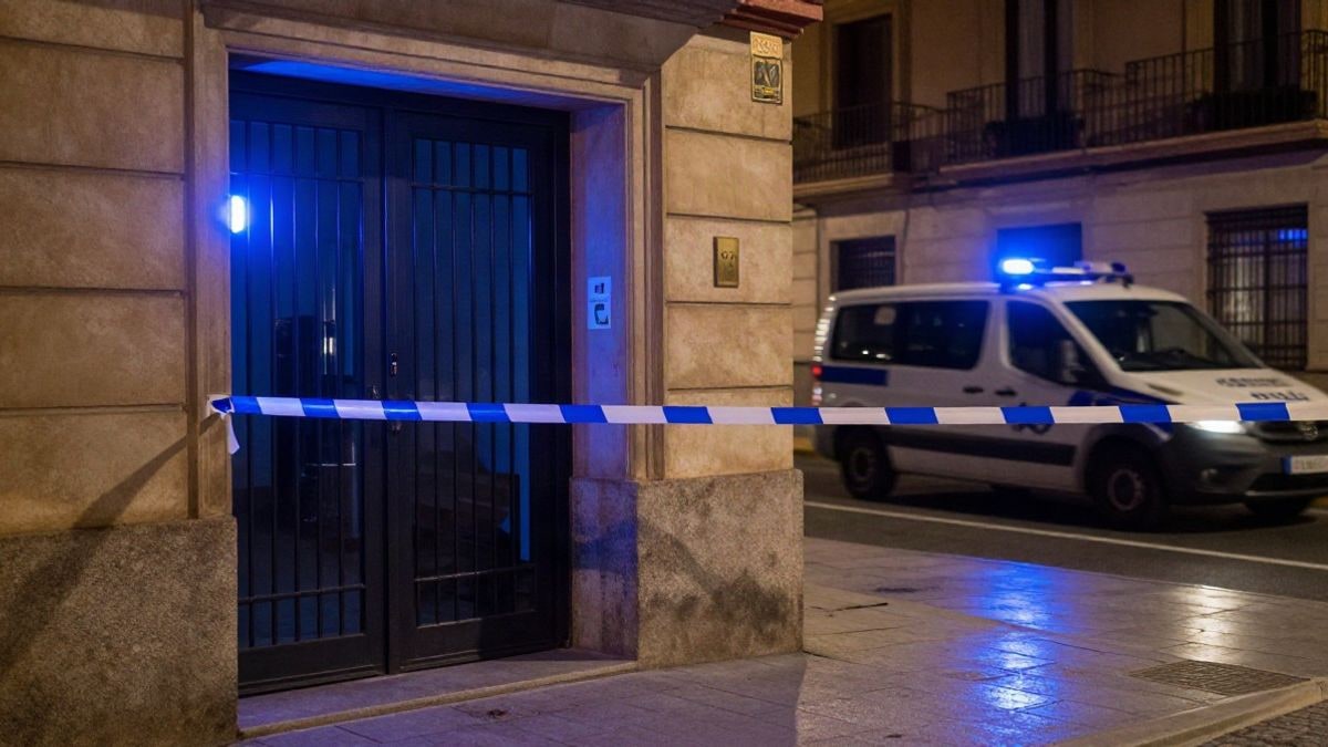 Imagen ilustrativa: entrada de un edificio residencial de noche con cinta policial y luces de emergencia