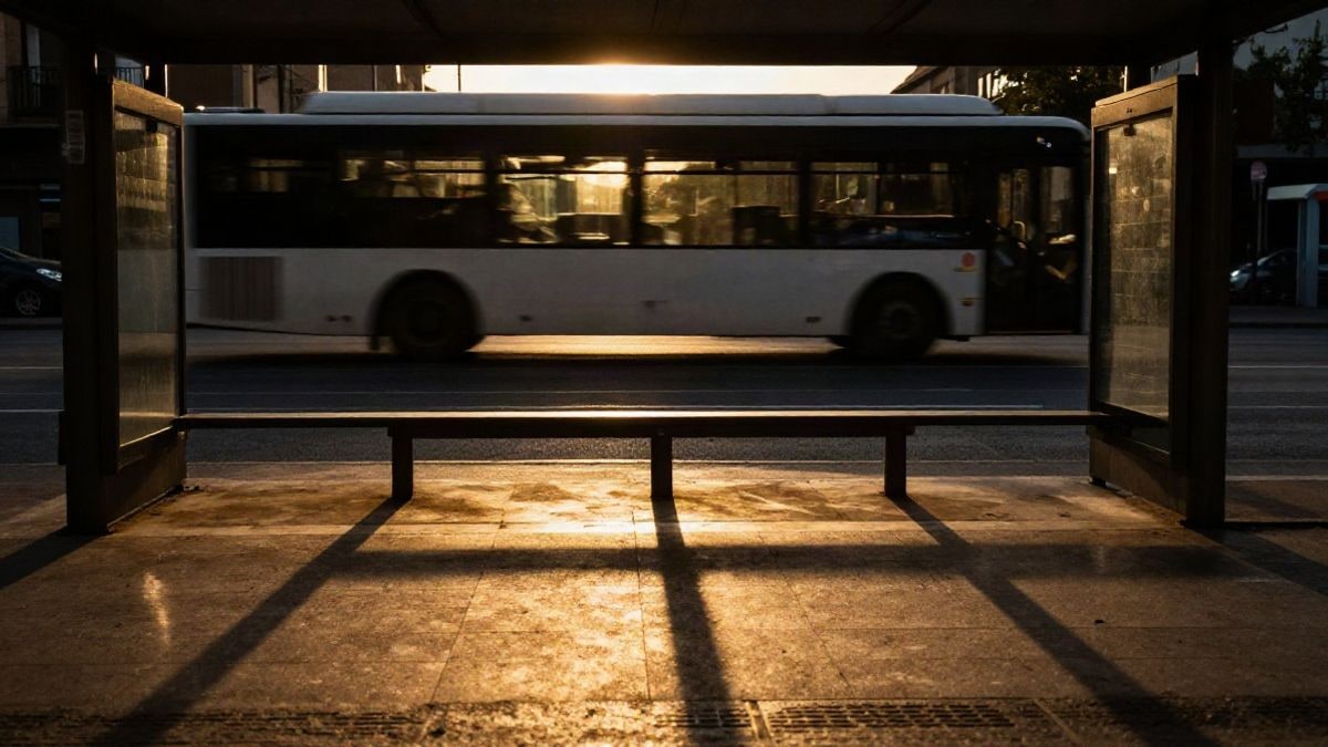 Imagen ilustrativa: silueta de una parada de autobús al atardecer con sombras alargadas