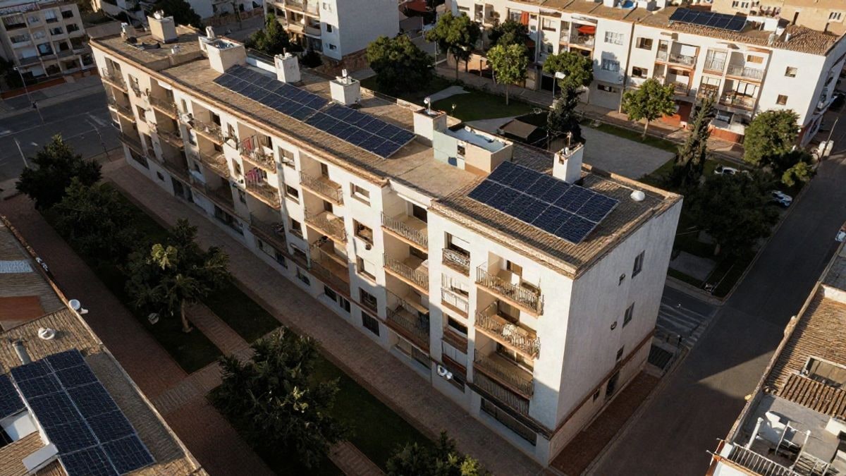 Imagen ilustrativa: vista cenital de un complejo residencial moderno con paneles solares y zonas verdes