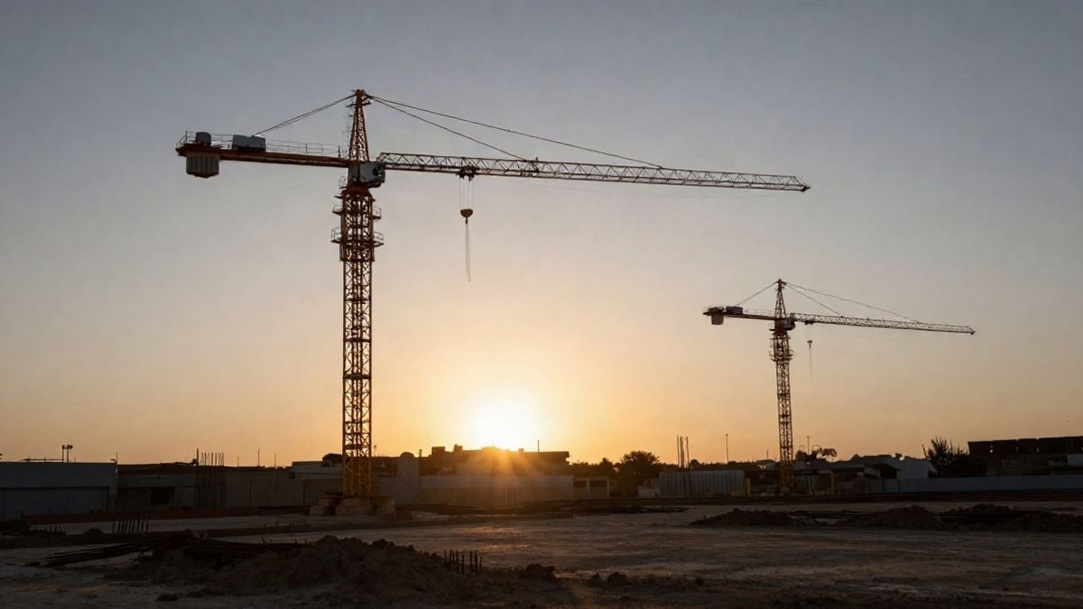 Imagen ilustrativa: siluetas de grúas de construcción al atardecer con sombras largas sobre un solar