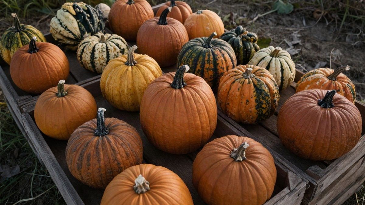 Imagen ilustrativa: calabazas de distintos tamaños y colores sobre cajas de madera en un campo al atardecer