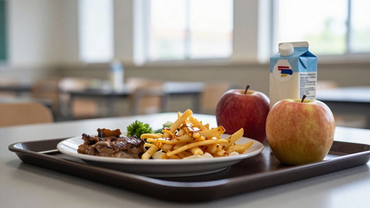 Imagen ilustrativa: bandeja de comedor escolar con comida, manzana y cartón de leche sobre una mesa.