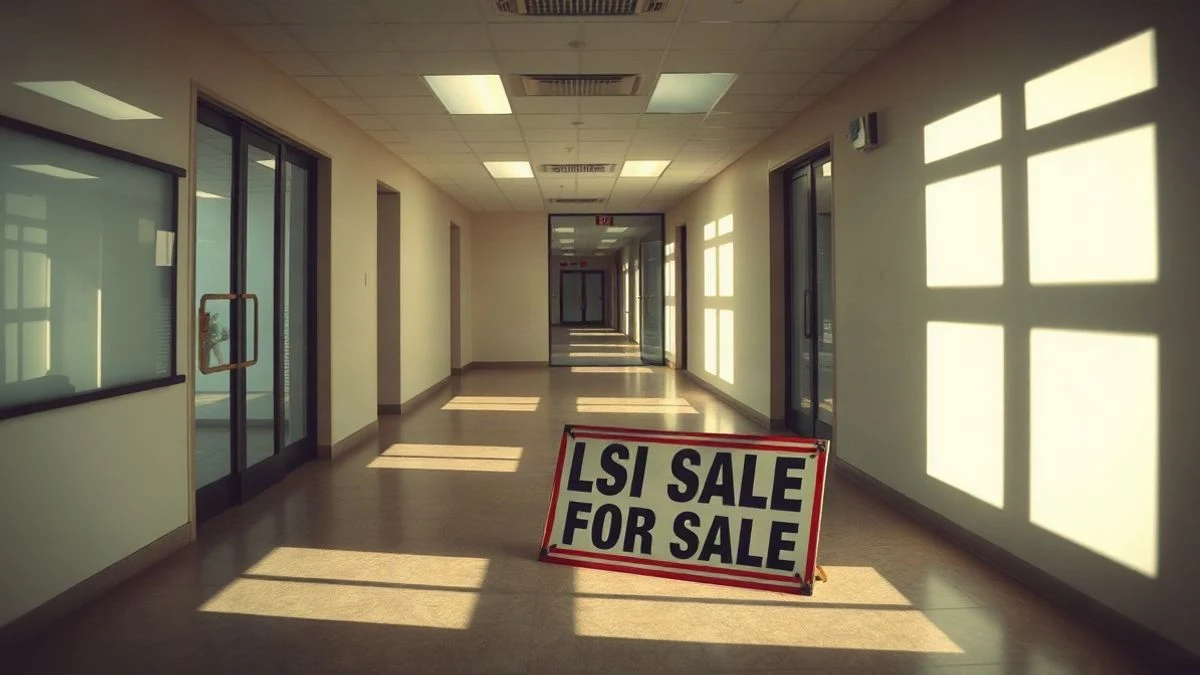 Imagen ilustrativa: pasillo vacío de un edificio de oficinas con luz natural y un cartel de 'Se vende' apoyado en la pared