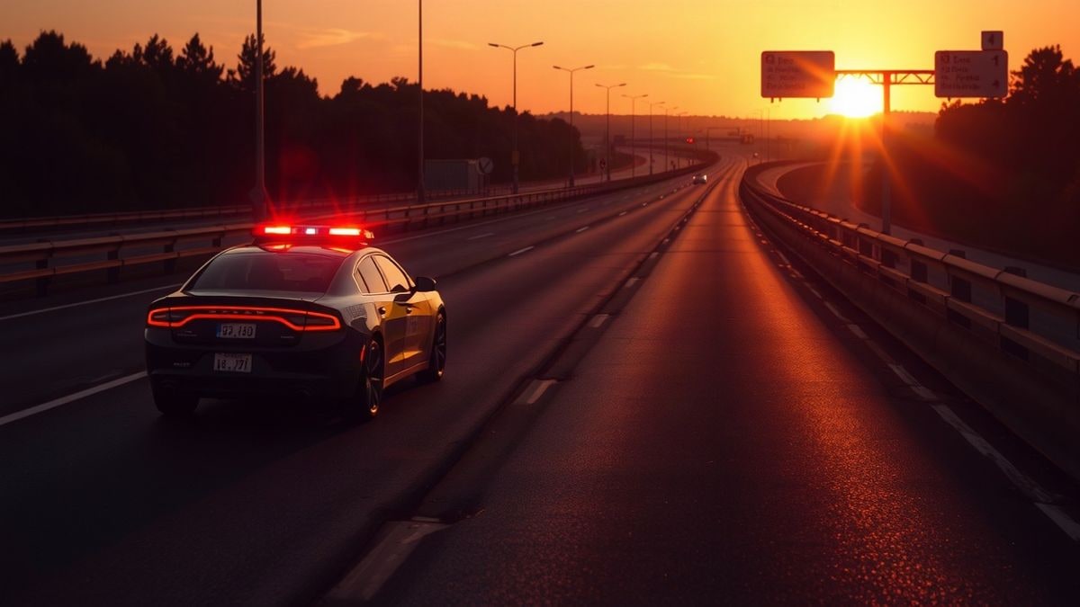 Imagen ilustrativa: un coche policial con luces encendidas en una carretera al atardecer, con sombras alargadas y sin personas visibles.