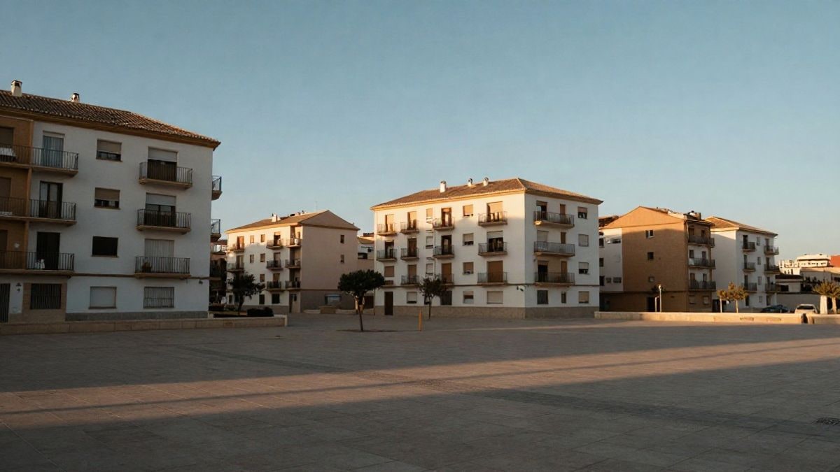 Imagen ilustrativa: bloques de viviendas nuevas con balcones vistos desde una plaza vacía al atardecer