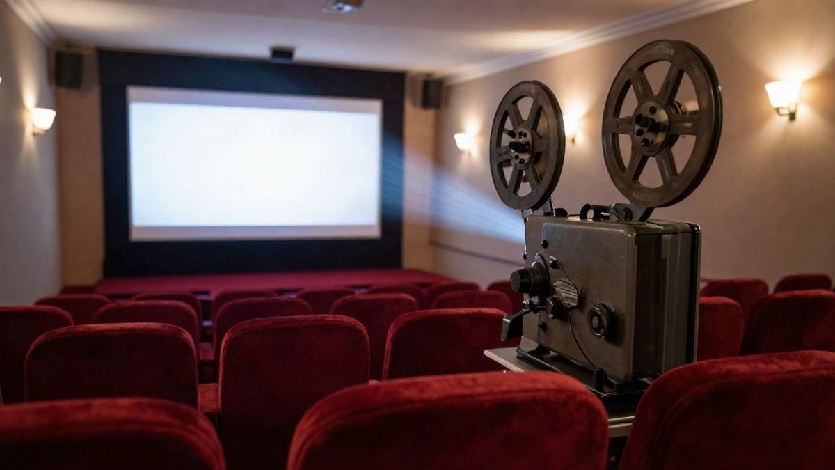 Imagen ilustrativa: sala de cine vintage vacía con butacas rojas y pantalla iluminada al fondo