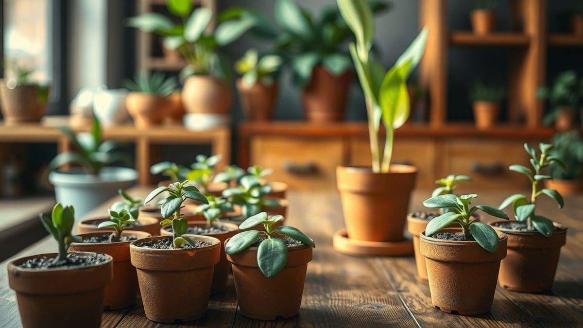 Imagen ilustrativa: macetas de barro con plantas verdes sobre una mesa de madera, con fondo desenfocado.