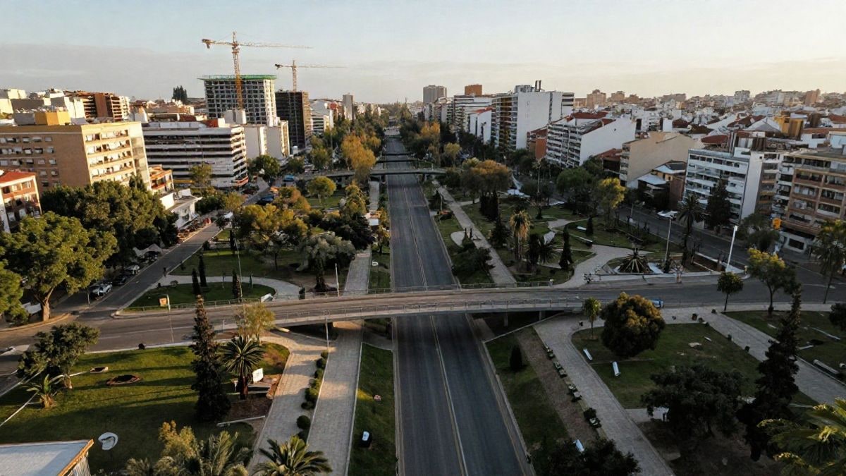 Imagen ilustrativa: vista aérea de un parque urbano en construcción con pasarelas peatonales sobre una autopista