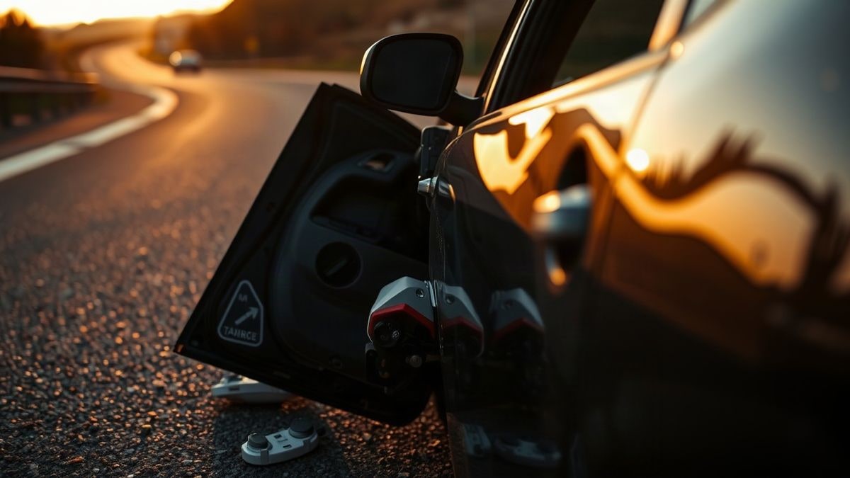 Imagen ilustrativa: detalle de un coche accidentado con la puerta abollada al borde de una carretera rural al amanecer.
