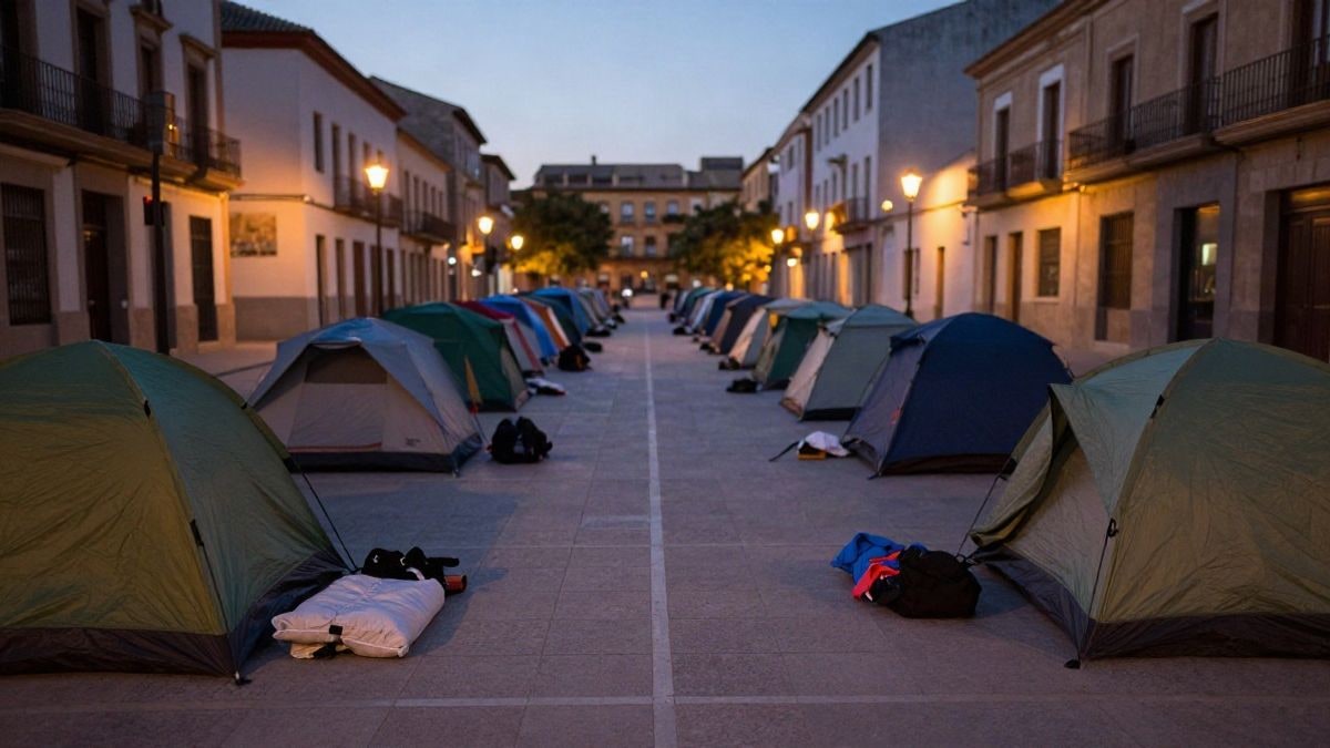 Imagen ilustrativa: tiendas de campaña y enseres en una plaza pública al atardecer