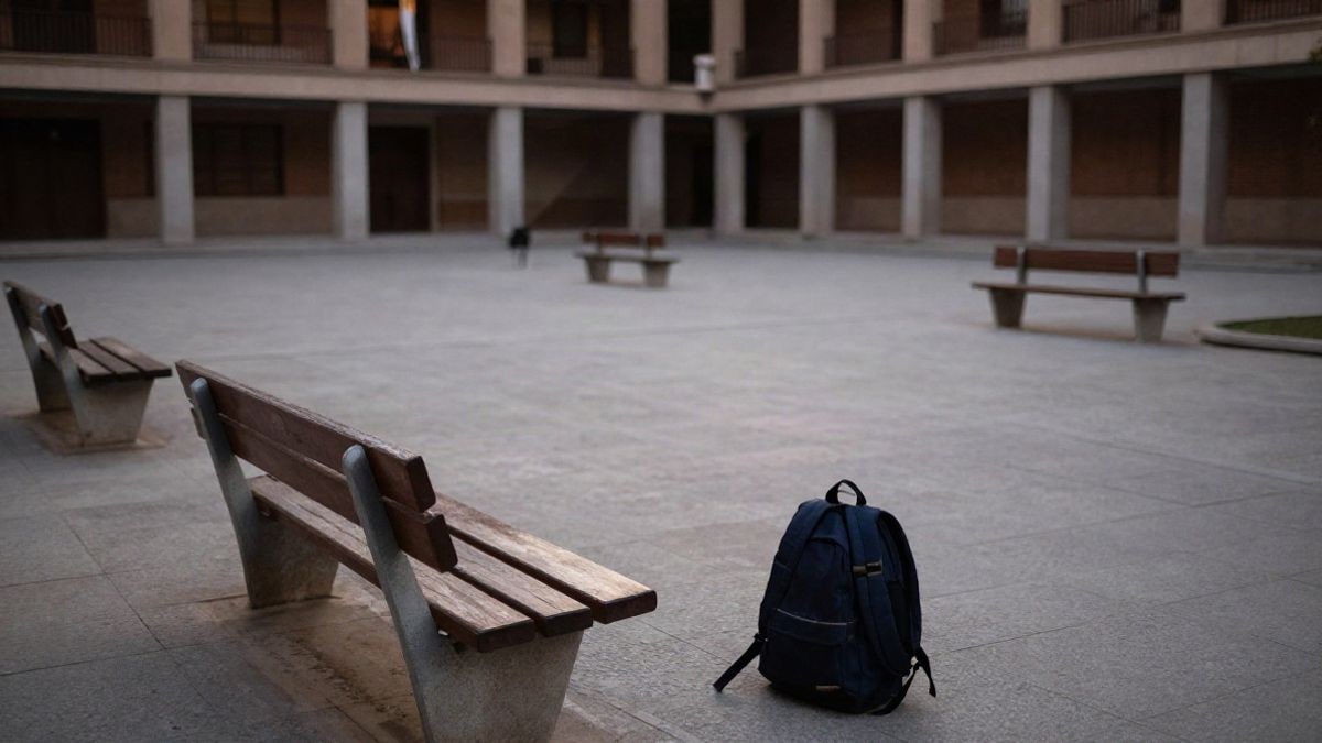 Imagen ilustrativa: patio de un campus universitario con bancos vacíos y una mochila en el suelo al atardecer