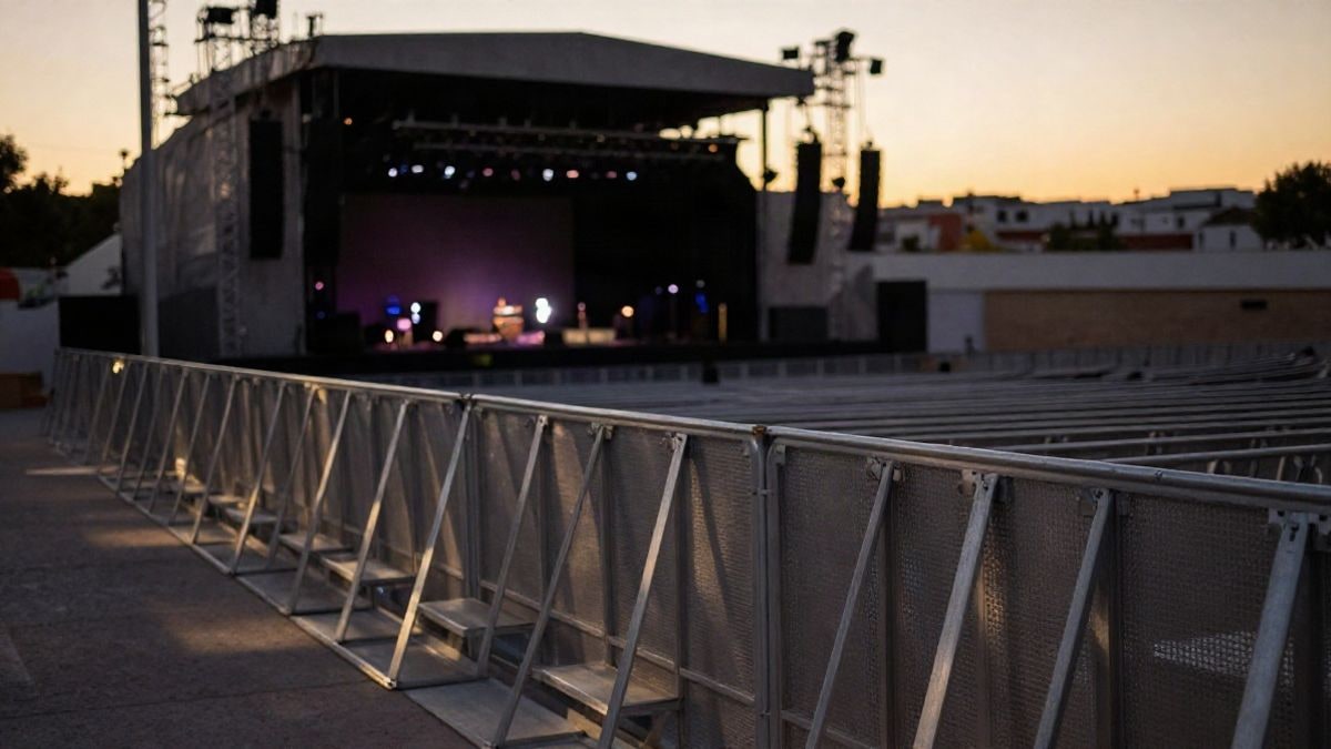 Imagen ilustrativa: un recinto de conciertos al aire libre al atardecer, con vallas y escenario al fondo