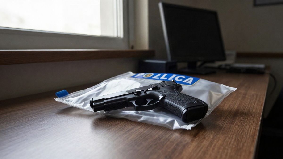 Imagen ilustrativa: una pistola en una bolsa de pruebas sobre una mesa de comisaría