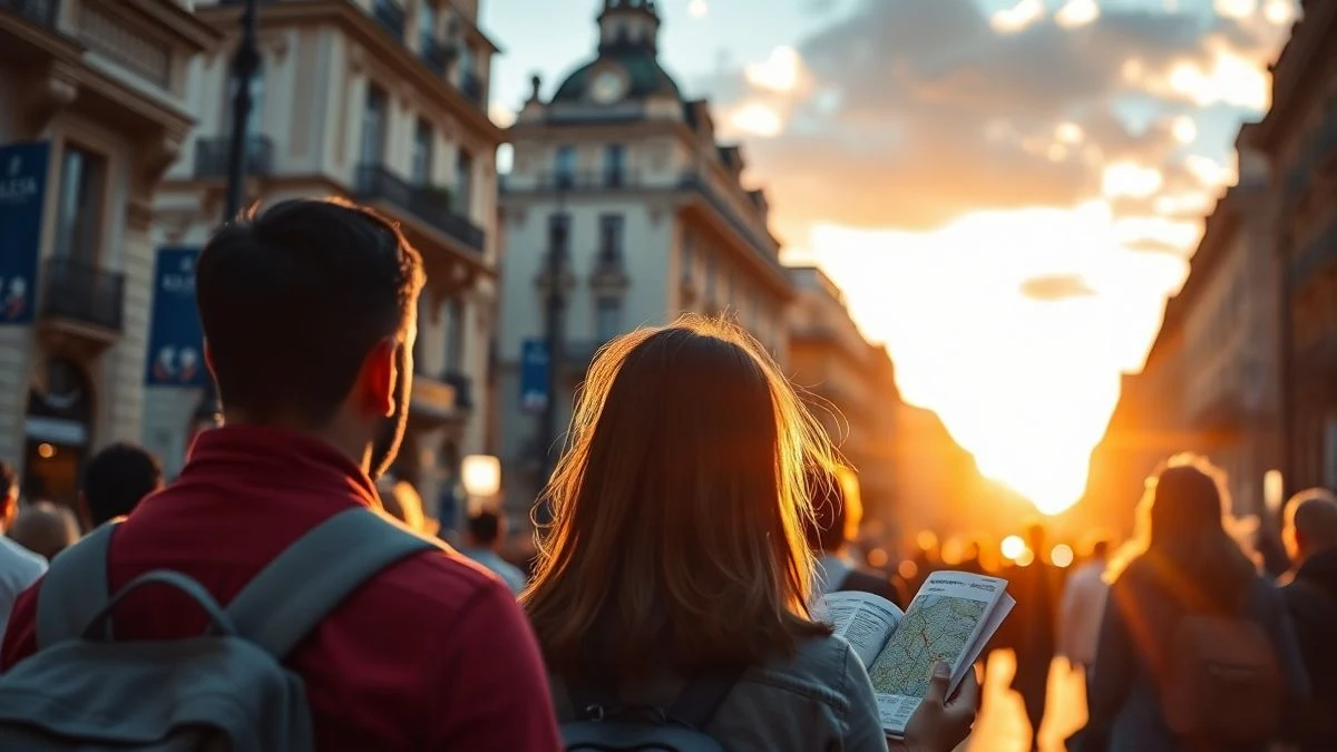 Imagen ilustrativa: turistas de espaldas observando un mapa en una calle madrileña al atardecer, con edificios emblemáticos difuminados al fondo.