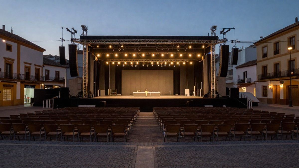 Imagen ilustrativa: escenario vacío montado en una gran plaza urbana al atardecer