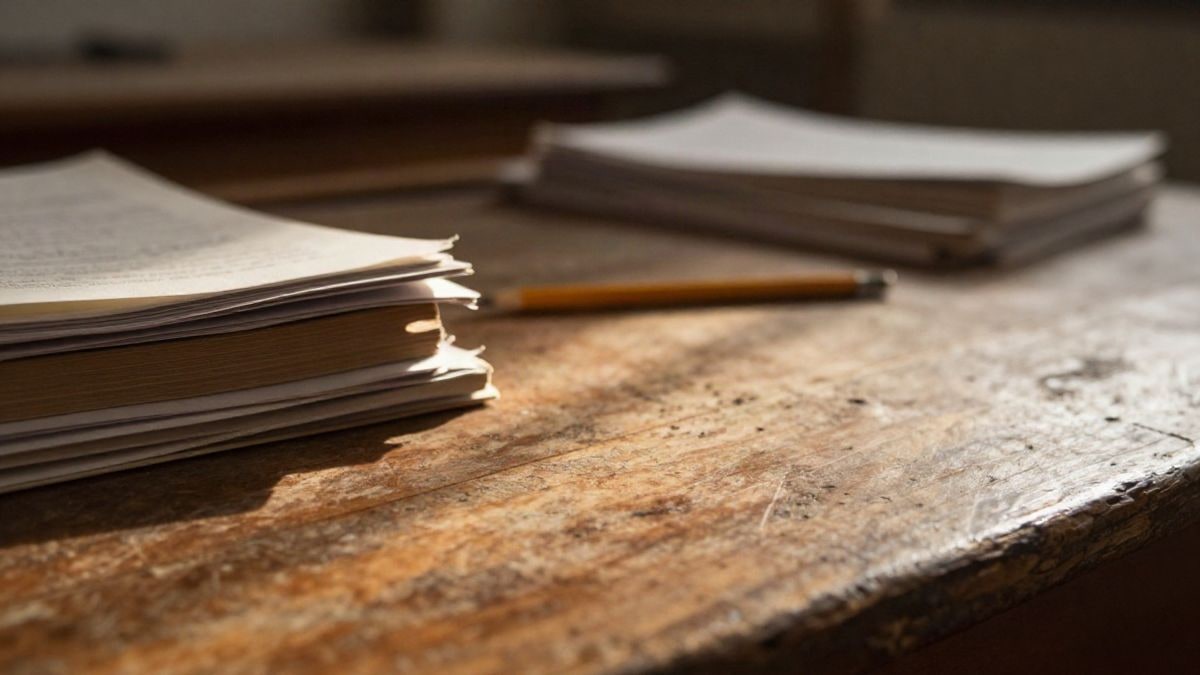 Imagen ilustrativa: primer plano de una mesa de madera con libros apilados y papeles bajo luz cálida de atardecer