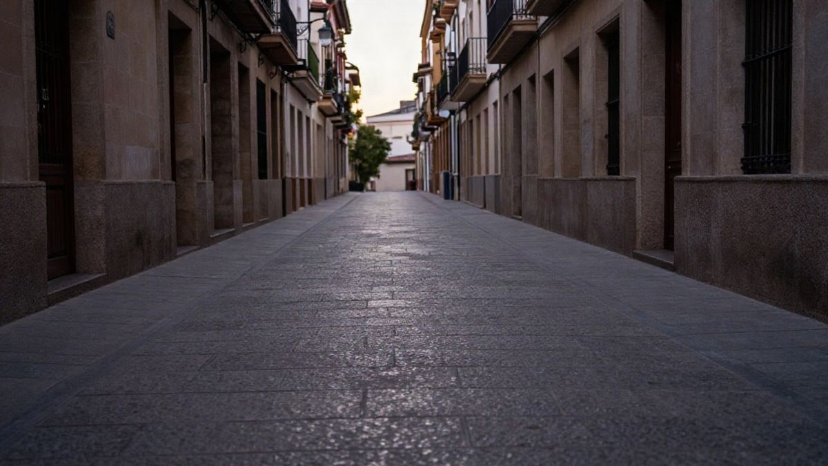 Imagen ilustrativa: una calle estrecha de piedra en una ciudad española al atardecer, con sombras largas y líneas que convergen hacia el fondo