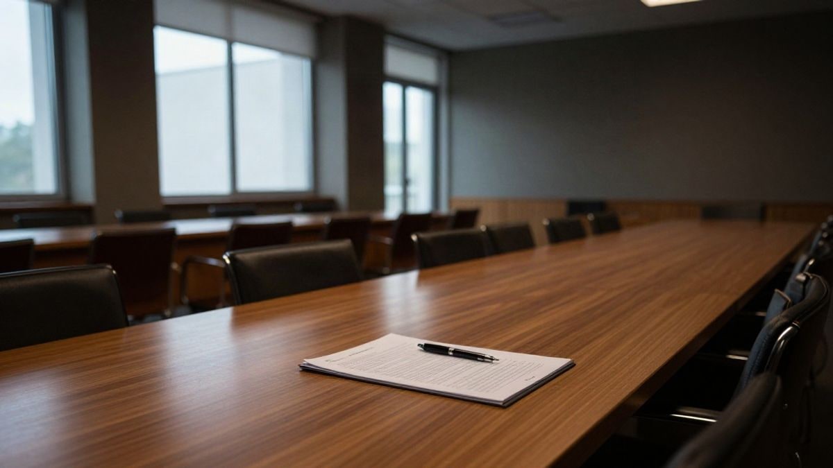 Imagen ilustrativa: sala de reuniones institucional vacía con una carpeta sobre la mesa