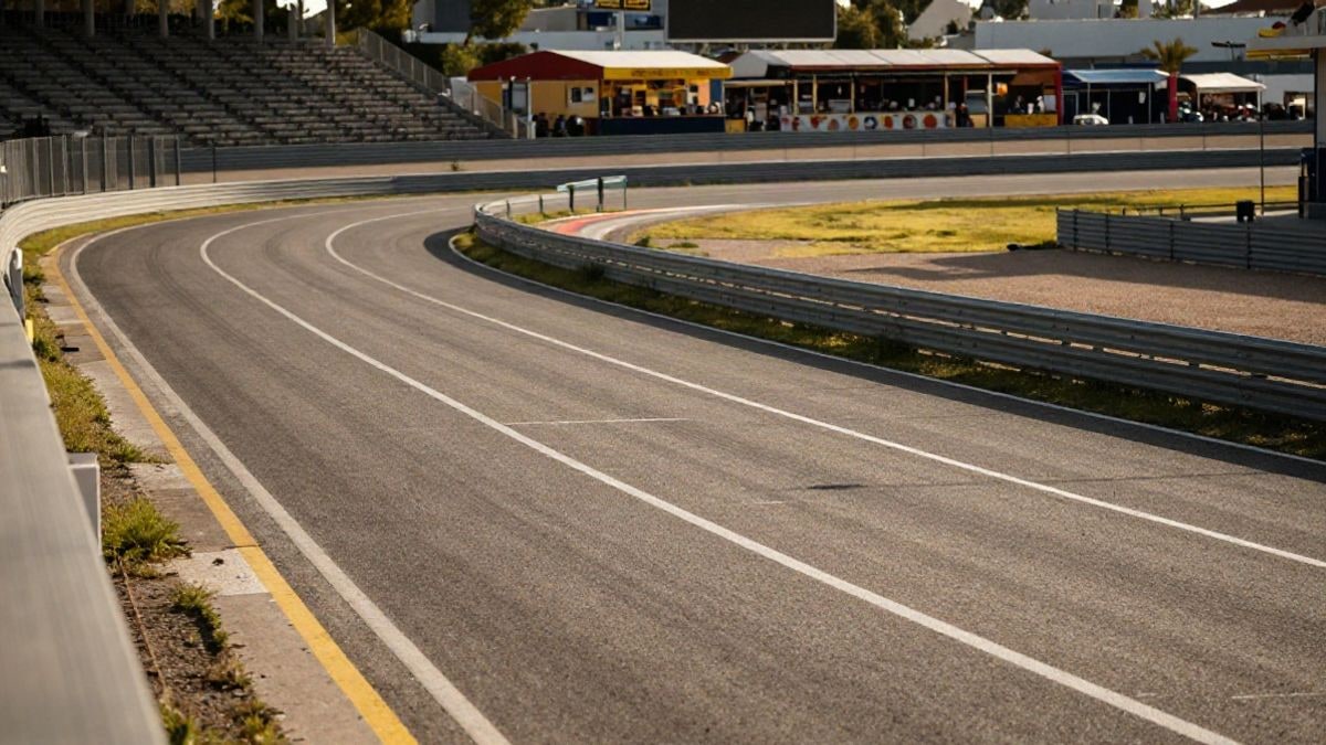 Imagen ilustrativa: un circuito de carreras vacío al atardecer con gradas y puestos de comida genéricos al fondo