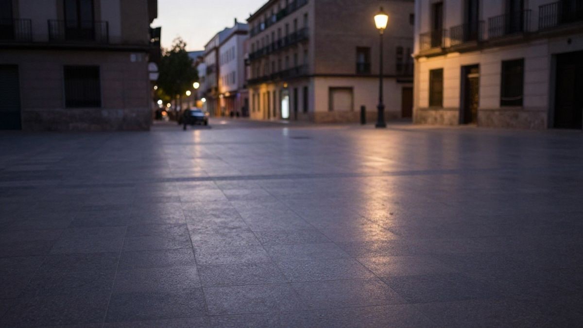 Imagen ilustrativa: plaza urbana genérica al atardecer con una farola encendida y una figura lejana de espaldas