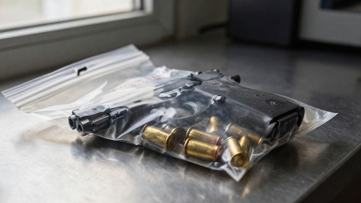 Imagen ilustrativa: primer plano de una bolsa de pruebas policial con una pistola y cartuchos sobre una mesa metálica