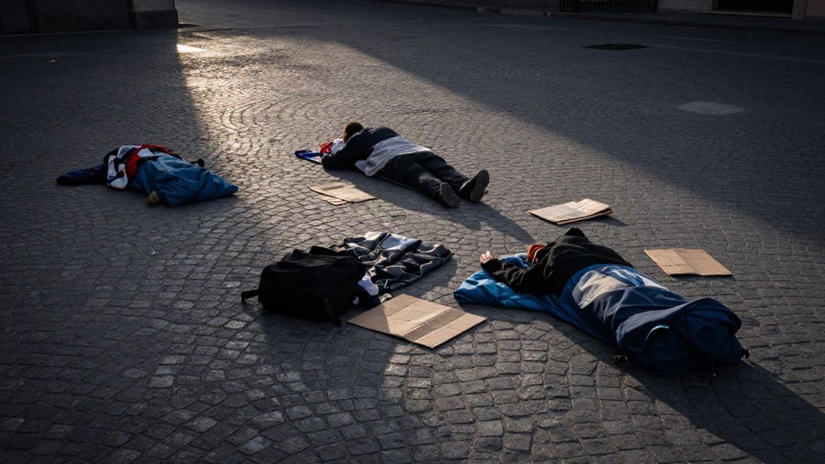 Imagen ilustrativa: vista cenital de una plaza empedrada con pancartas y sacos de dormir en el suelo