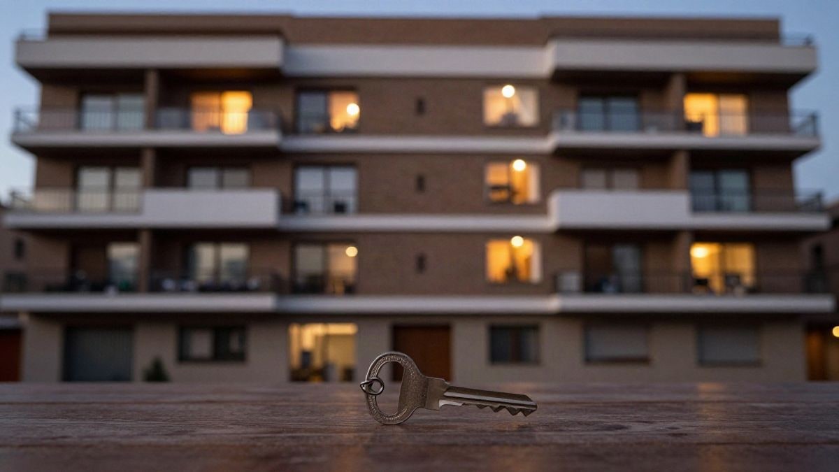 Imagen ilustrativa: la fachada de un edificio de viviendas con luces encendidas al anochecer, con una llave en primer plano sobre una superficie de madera.