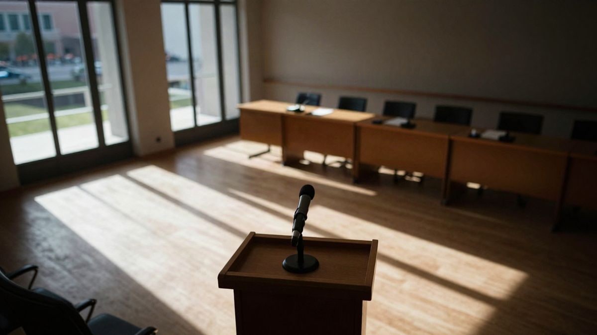 Imagen ilustrativa: vista cenital de un atril con micrófonos en una sala de prensa vacía con luz natural