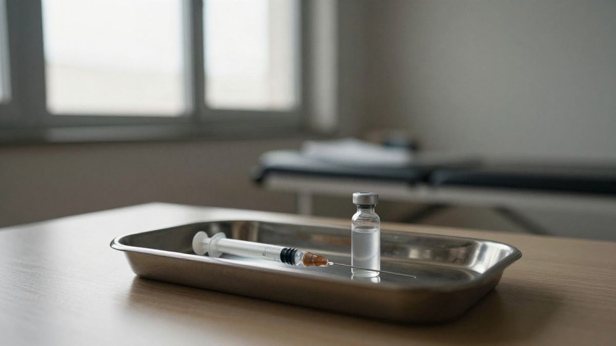 Imagen ilustrativa: interior de una consulta médica con una bandeja con jeringuilla y un vial, iluminada por luz lateral de ventana