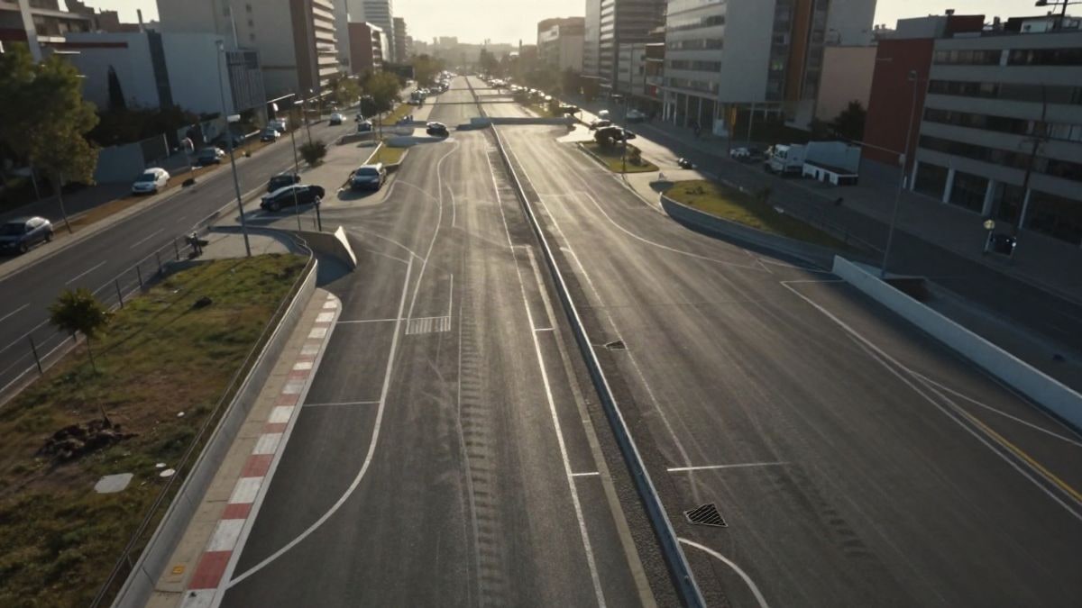Imagen ilustrativa: vista cenital de un circuito urbano temporal vacío con trazado pintado en el asfalto