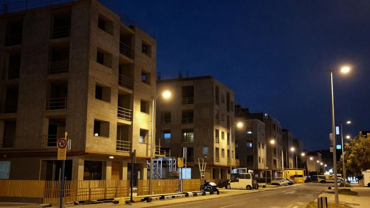 Imagen ilustrativa: edificios de viviendas iluminados por farolas en una ciudad al anochecer