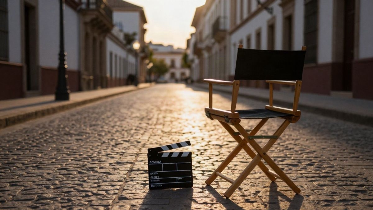 Imagen ilustrativa: una silla de director y una claqueta en una calle empedrada al atardecer, con sombras alargadas