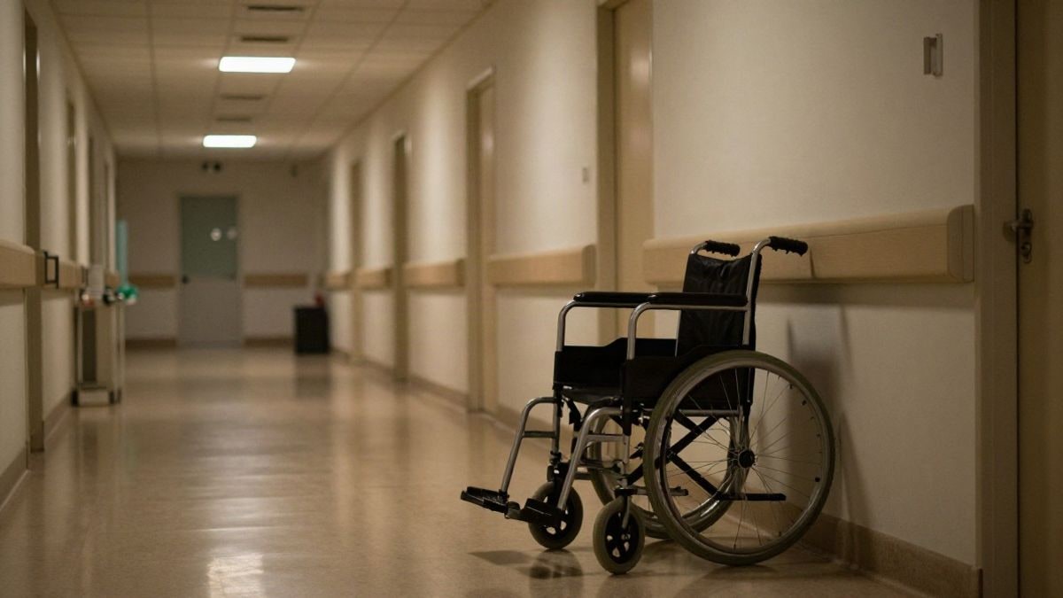 Imagen ilustrativa: pasillo de hospital iluminado con luz artificial nocturna y una silla de ruedas vacía