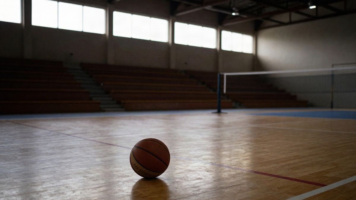 Imagen ilustrativa: interior de un polideportivo vacío con balón y cuerda de saltar en el suelo y gradas al fondo.