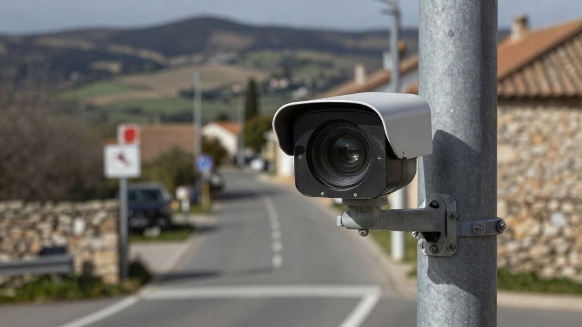 Imagen ilustrativa: primer plano de una cámara de tráfico sobre un poste metálico en la entrada de un pueblo rural