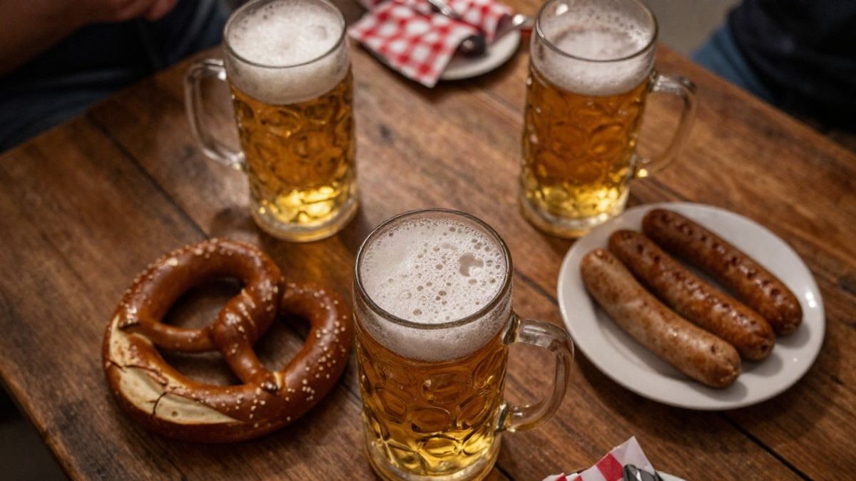 Imagen ilustrativa: jarras de cerveza dorada, un pretzel y salchichas sobre una mesa de madera vista desde arriba