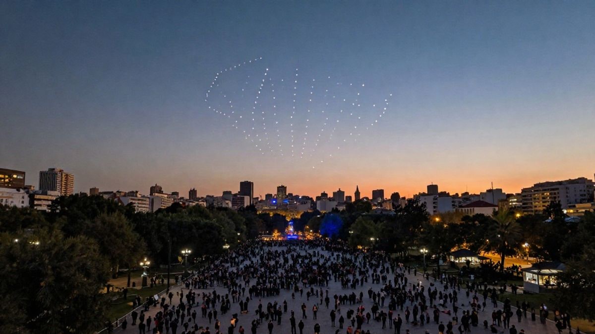 Imagen ilustrativa: vista cenital de un público reunido al atardecer observando un espectáculo de drones en el cielo de una ciudad.